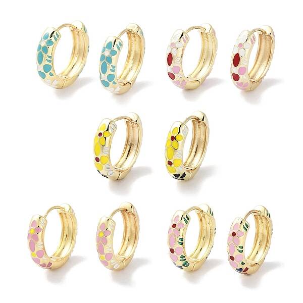 Real 18K Gold Plated Brass Enamel Flower Print Hoop Earrings for Women