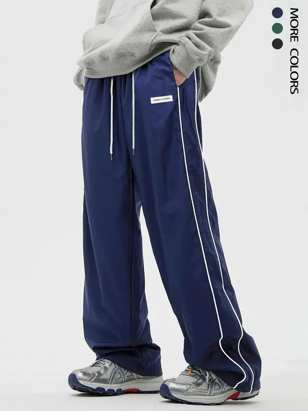 Men's Letter Patched Side Stripe Drawstring Waist Pants, Casual Loose Elastic Waist Straight Leg Trousers for Daily Wear, Men...