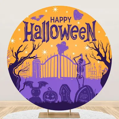 Aperturee Round Orange Purple Gate Cemetery Halloween Backdrop - Aperturee