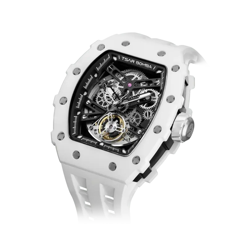 TSAR BOMBA Men's Luxury Ceramic Bezel Skeleton Mechanical Watch | White | Elementalal TB8208 | Sapphire Glass 50M Waterproof ...