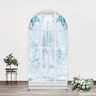 Aperturee Winter Snowy Blue Castle Window Scene Arch Backdrop, 1.6X4FT(0.5X1.2M), 38.18 USD, arch backdrop kit, GHJ07510-A