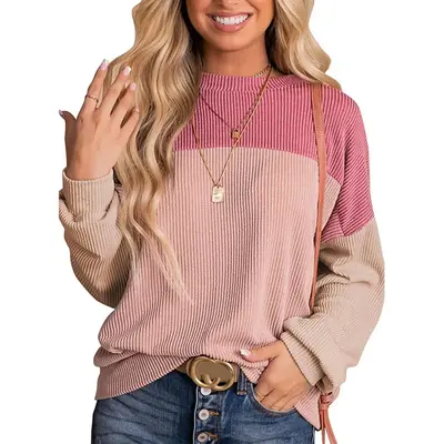 Womens Fashion Color Block Long Sleeve Crewneck Knitted Casual Loose Pullover Tops