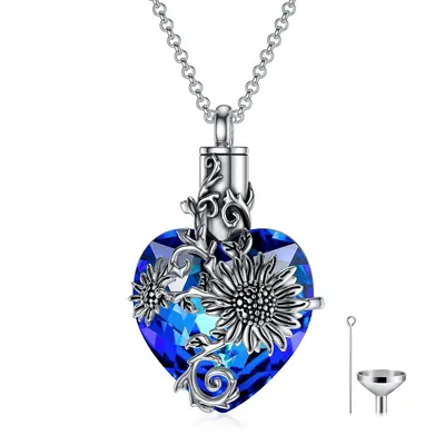 Sterling Silver Heart Shaped Crystal Sunflower Pendant Necklace