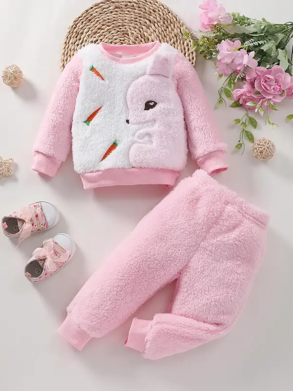 Two-piece Set Cute Rabbit Embroidery Long Sleeve Sweatshirt &  Fuzzy  Pants, Casual Round Neck Pullover & Trousers for Fall &...