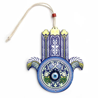 Wood Hamsa Hand/Hand of Miriam with Evil Eye Hanging Ornament