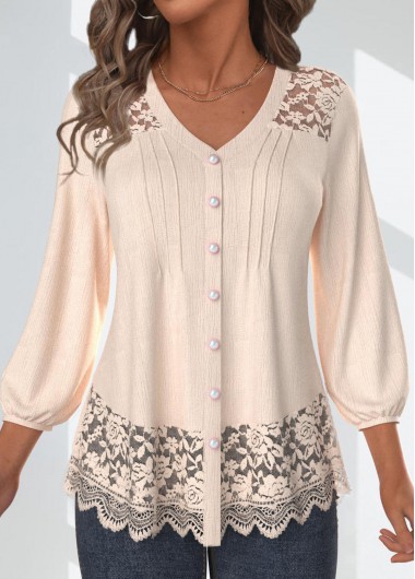 Modlily Skin Color Lace 3/4 Sleeve V Neck Blouse - L