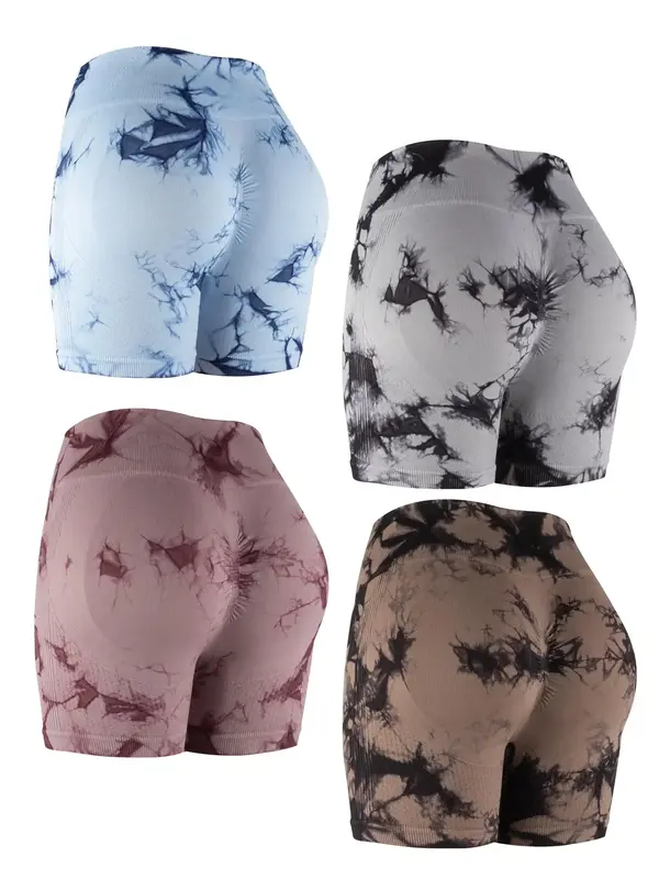 Women's Tie Dye Print High Waist Sports Shorts, Casual Breathable Seamless Biker Shorts, Women's Sport & Outdoor Clothing Fo...