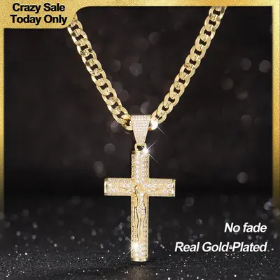 Holylegend 14k Real Gold-Plated Cuban , Figaro, Miami Cross with Jesus Christ Crucifix,24 inches Long and 6mm Wide,Handcrafte...