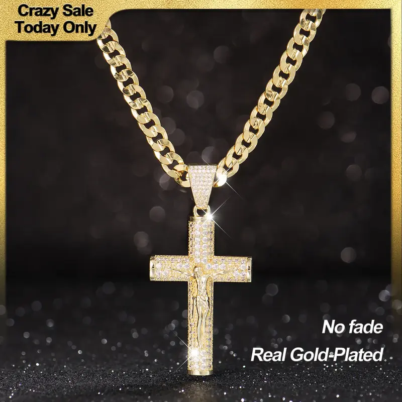 Holylegend 14k Real Gold-Plated Cuban , Figaro, Miami Cross with Jesus Christ Crucifix,24 inches Long and 6mm Wide,Handcrafte...