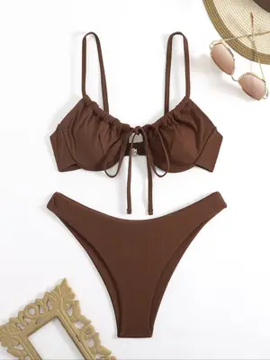 Two-Piece Set Women's Solid Tie Front Frankies Bikini Set, Casual Sleeveless Swim Top & High Cut Swim Bottom, Summer Bathing...