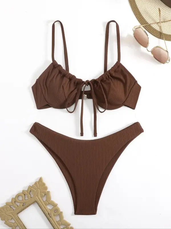 Two-Piece Set Women's Solid Tie Front Frankies Bikini Set, Casual Sleeveless Swim Top & High Cut Swim Bottom, Summer Bathing...