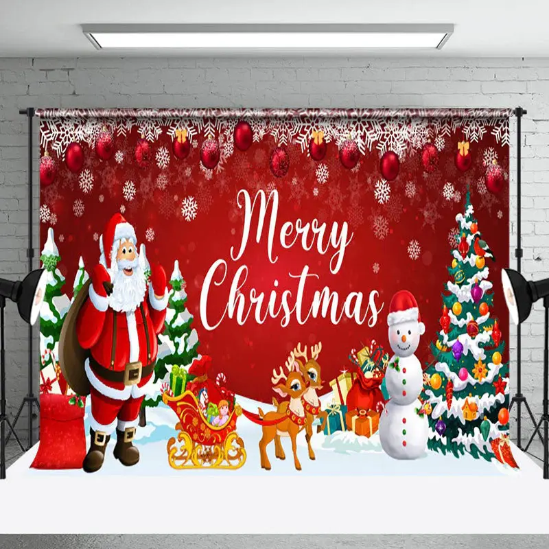 Aperturee Red Festive Santa Snowman Snowy Christmas Backdrop