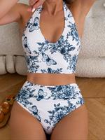 Two-piece Set Women's Butterfly & Floral Print Lace Up Bikinis Set, Casual Halter Neck Backless Swim Top & High Waist Swim Pa...