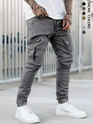 Solid Color Zipper Flap Pocket Drawstring Cargo Pants, Summer Outfits 2024 for Work, Cargo Pants for Men, Loose Casual Elast...