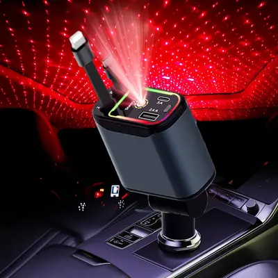 4 in 1 Car Charger, 66W Retractable Electronic Smartphone Charger with Star Projector Night Light, LED Decorative Ceiling Lig...