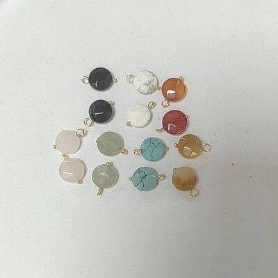 14Pcs 7 Styles Flat Round Faceted Natural & Synthetic Gemstone Pendants