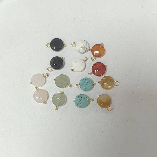 14Pcs 7 Styles Flat Round Faceted Natural & Synthetic Gemstone Pendants