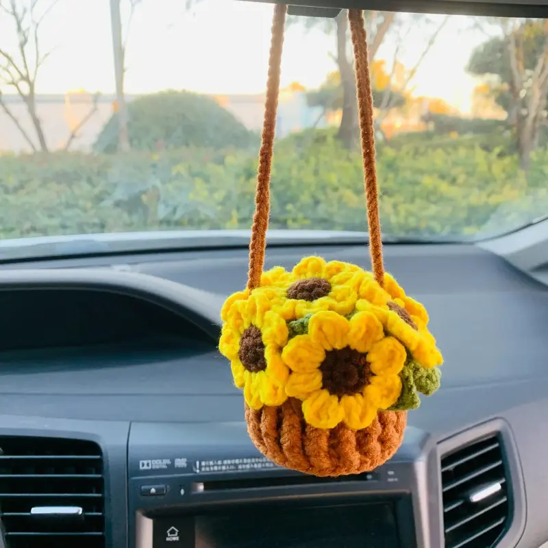 Sunflower Basket Car Hanging Decoration, Car Rear View Mirror Hanging Ornament, Car Interior Pendant, Car Decoration Accesso...
