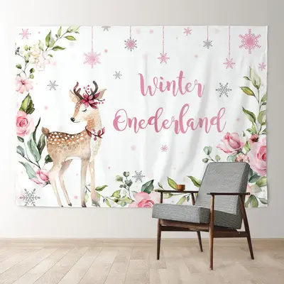 Aperturee Deer Winter Onederland Floral Birthday Backdrop