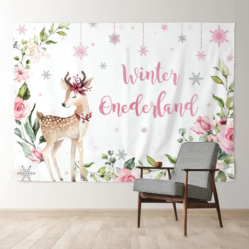 Aperturee Deer Winter Onederland Floral Birthday Backdrop