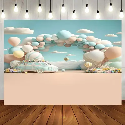 Light Blue Hot Air Balloon Car Birthday Backdrop - Aperturee