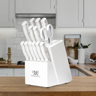 Knife Set, 15 Piece Kitchen Knife Set with Block Self Sharpening, Stainless Steel Dishwasher Safe, Anti-slip Handle, White