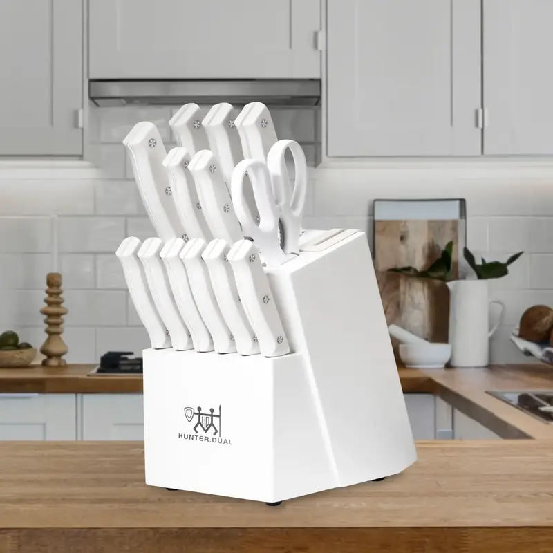 Knife Set, 15 Piece Kitchen Knife Set with Block Self Sharpening, Stainless Steel Dishwasher Safe, Anti-slip Handle, White