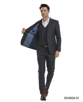 Tazio Men's Light Windowpane Skinny Fit 3-Piece Suit Perfect for Formal Occasions