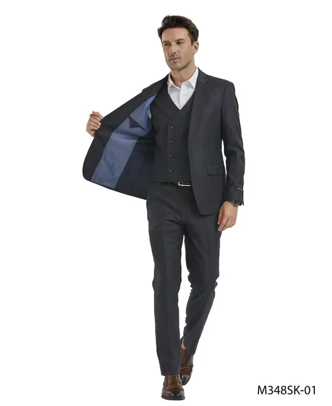Tazio Men's Light Windowpane Skinny Fit 3-Piece Suit Perfect for Formal Occasions