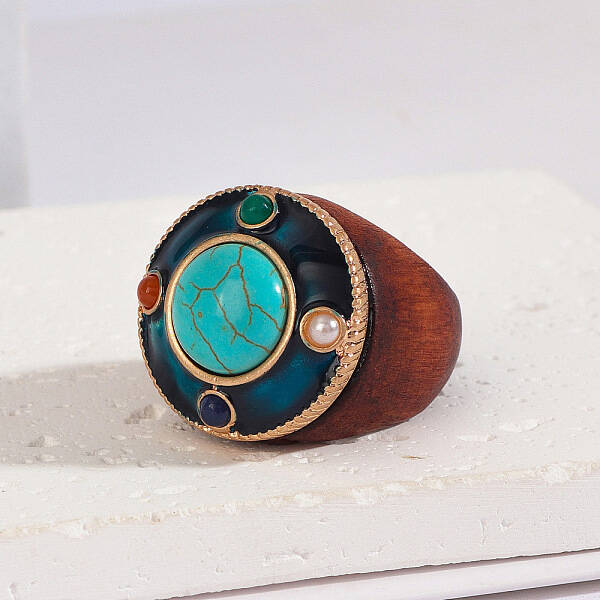 Flat Round Wood & Resin & Synthetic Turquoise Finger Rings