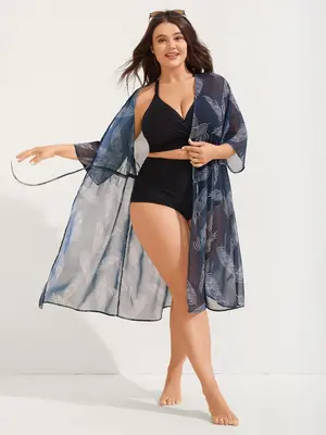 BLOOMCHIC Chiffon Feather Print Sheer Kimono for Women Dark Blue Woven Summer Workwear Regular Fit Non Stretch See Through 10...