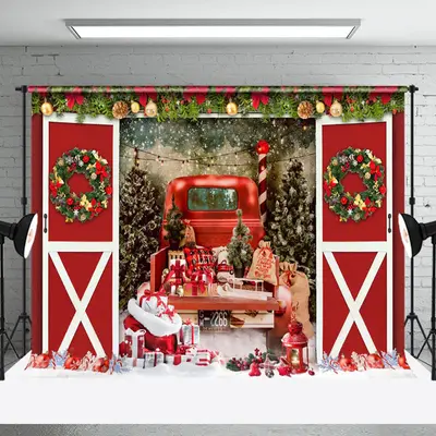Aperturee Pine Leaf Red Barn Door Car Gifts Christmas Backdrop - Aperturee