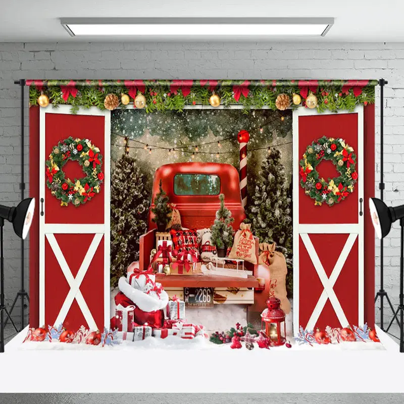 Aperturee Pine Leaf Red Barn Door Car Gifts Christmas Backdrop - Aperturee