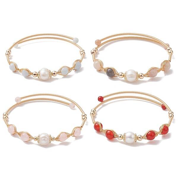 Natural Mixed Stone Round Beaded Cuff Bangle