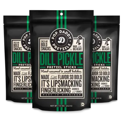 Pop Daddy Flavored Pretzels Sticks | Healthy Gourmet Pretzels Snacks | 7.5oz Individual Bags | 3 Pack | Dill Pickle