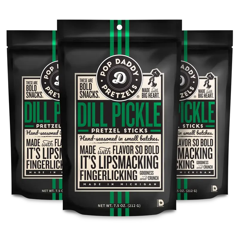Pop Daddy Flavored Pretzels Sticks | Healthy Gourmet Pretzels Snacks | 7.5oz Individual Bags | 3 Pack | Dill Pickle