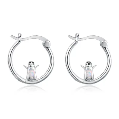 Sterling Silver Opal Penguin Hoop Earrings