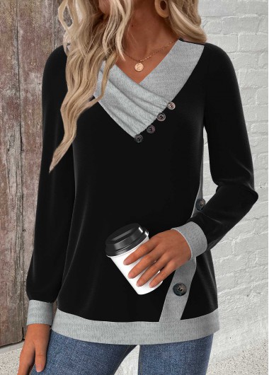 Modlily Black Button Long Sleeve V Neck Sweatshirt - XXL