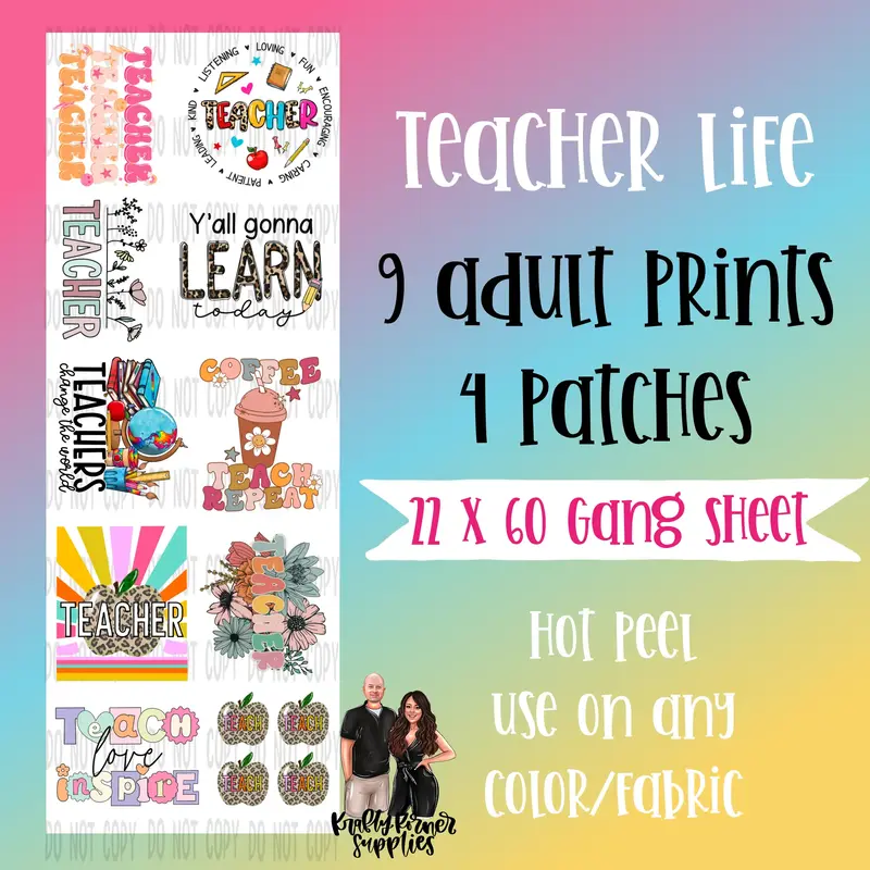 Teacher Life DTF Transfer Gang Sheet, 22 x 60