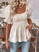 Women's Textured Frill Trim Shirred Puff Sleeve Blouse, Elegant Casual Square Neck Short Sleeve Top for Fall, Basic Tops Ladi...
