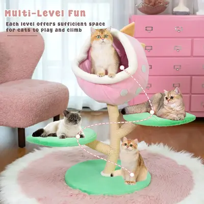 Monster Cat Tree with Plush Pink Nest and Two Green Leaf-shaped Platforms, Cat Tower Scratching Post with Sisal Rope and Stur...