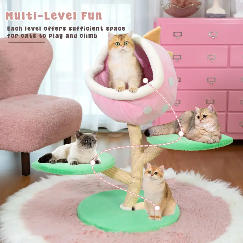 Monster Cat Tree with Plush Pink Nest and Two Green Leaf-shaped Platforms, Cat Tower Scratching Post with Sisal Rope and Stur...