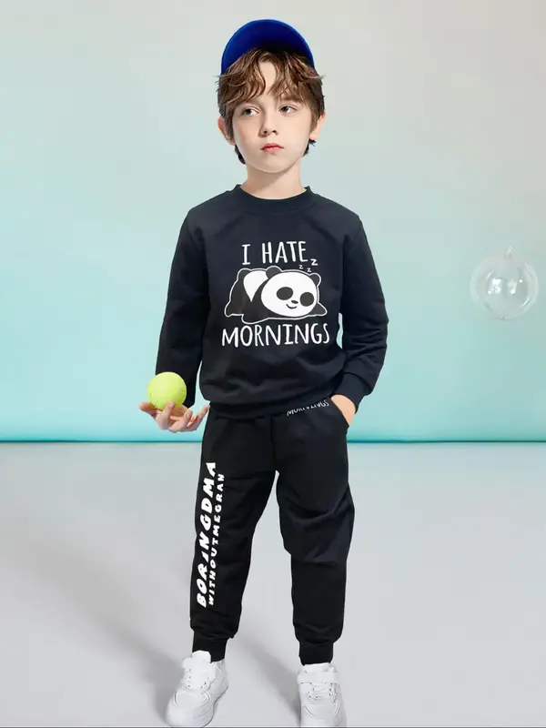 Two-Piece Set Boy's Cartoon Panda Print Sweatshirt & Elastic Waist Sweatpants Set, Casual Long Sleeve Round Neck Pullover & P...