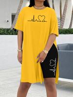 Two-Piece Set Women's Heartbeat Print Tee & Shorts, Casual Letter Print Short Sleeve T-Shirt & Skinny Shorts, Ladies Summer C...