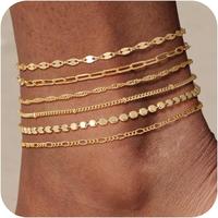 TEWIKY Waterproof Ankle 6PCS Bracelets Thiny Herringbone Box Paperclip Figaro Cuban Link Anklet Set Dainty Jewelry for Women ...