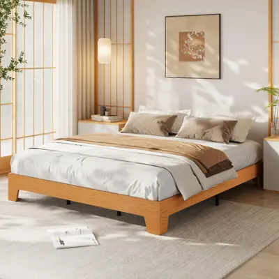 Garvee Queen Size Platform Bed Frame Wood Grain Finish Sturdy Low Profile Noise-Free Durable Wood Slats Pine Walnut Oak Bedro...