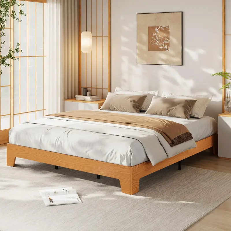 Garvee Queen Size Platform Bed Frame Wood Grain Finish Sturdy Low Profile Noise-Free Durable Wood Slats Pine Walnut Oak Bedro...