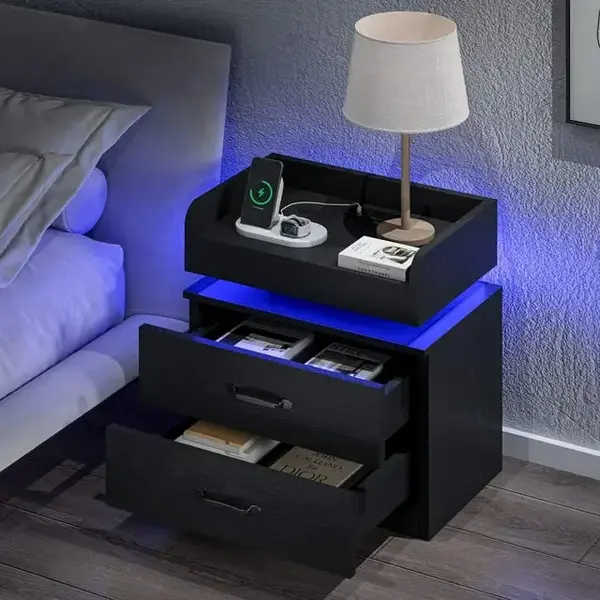 HOMBCK LED Nightstand with Charging Station, Modern Black Night Stand  Storage Drawers, End Side Table for Living Room