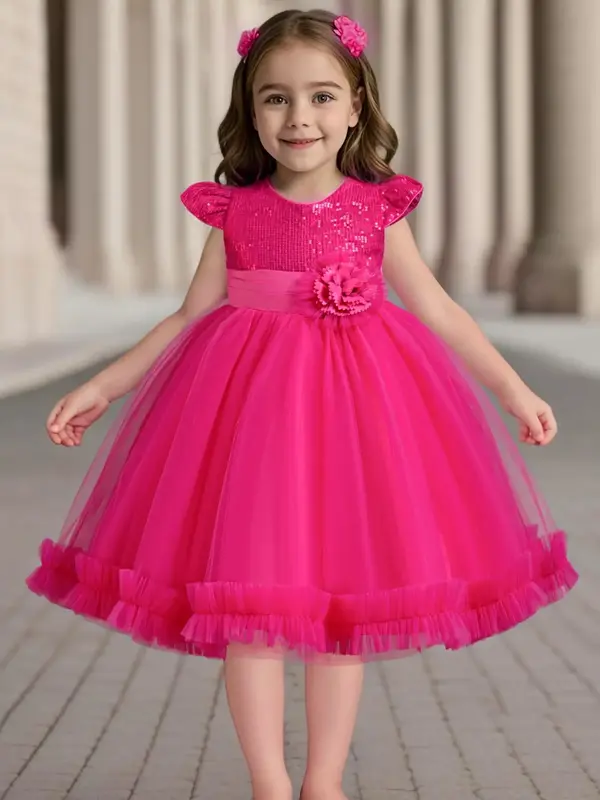 Girl's Contrast Sequin Bow Decor Frill Trim Tulle Dress, Cute Cap Sleeve Round Neck Midi Dress for Party, Kids Clothes for Al...