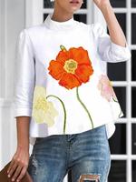 Women's Floral Print Blouse, Elegant 3/4 Sleeve Button Decor Stand Collar Top for Spring & Fall, Ladies Clothes for Daily Wea...